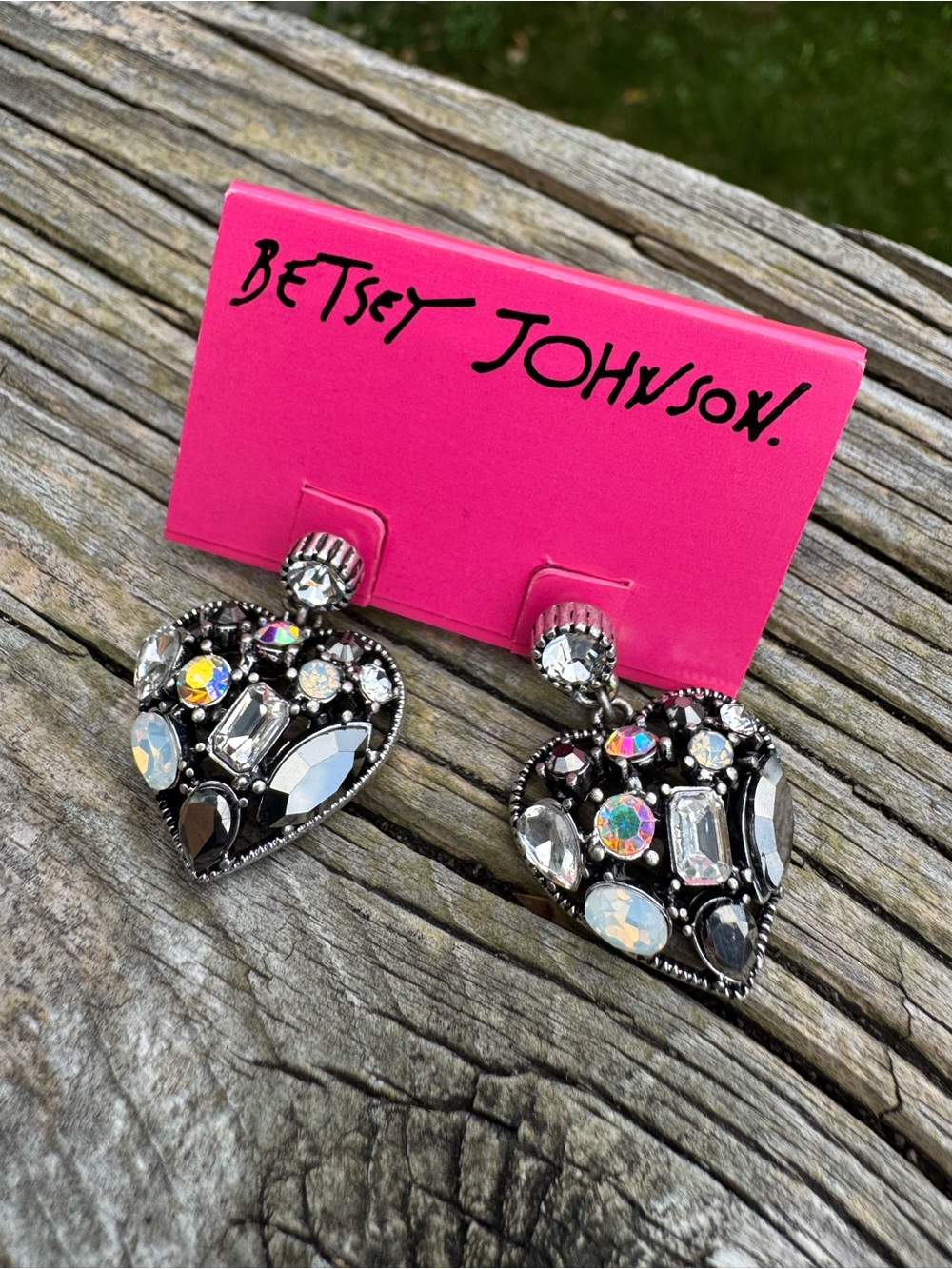 Betsey Johnson Black and Iridescent Heart AB Crystal Drop Earrings